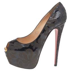 Christian Louboutin Black Patent Leather Highness Arabesque Motif Peep Toe Platform Pumps Size 38.5