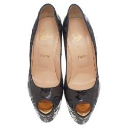 Christian Louboutin Black Patent Leather Highness Arabesque Motif Peep Toe Platform Pumps Size 38.5