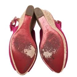 Pre Owned Christian Louboutin Red Suede Une Plume Peep Toe Slingback Cork Wedges Size 37
