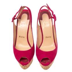Pre Owned Christian Louboutin Red Suede Une Plume Peep Toe Slingback Cork Wedges Size 37