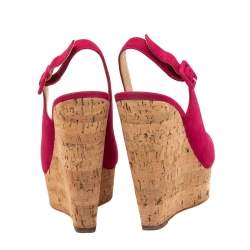 Pre Owned Christian Louboutin Red Suede Une Plume Peep Toe Slingback Cork Wedges Size 37