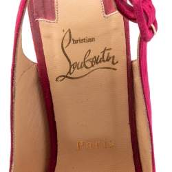 Pre Owned Christian Louboutin Red Suede Une Plume Peep Toe Slingback Cork Wedges Size 37