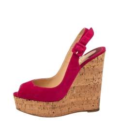 Pre Owned Christian Louboutin Red Suede Une Plume Peep Toe Slingback Cork Wedges Size 37