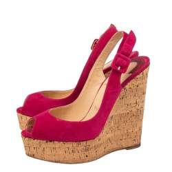 Pre Owned Christian Louboutin Red Suede Une Plume Peep Toe Slingback Cork Wedges Size 37