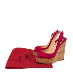Pre Owned Christian Louboutin Red Suede Une Plume Peep Toe Slingback Cork Wedges Size 37