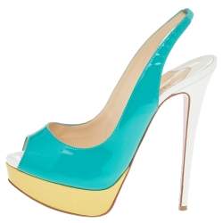 مملوكة مسبقًا Christian Louboutin Blue Patent Leather Lady Peep Toe Platform Slingback Sandals Size 37.5