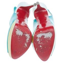 مملوكة مسبقًا Christian Louboutin Blue Patent Leather Lady Peep Toe Platform Slingback Sandals Size 37.5