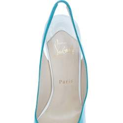 مملوكة مسبقًا Christian Louboutin Blue Patent Leather Lady Peep Toe Platform Slingback Sandals Size 37.5