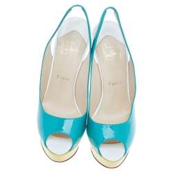 مملوكة مسبقًا Christian Louboutin Blue Patent Leather Lady Peep Toe Platform Slingback Sandals Size 37.5