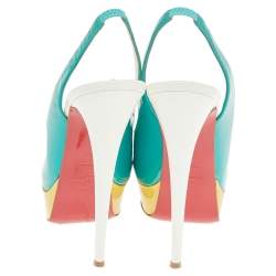 مملوكة مسبقًا Christian Louboutin Blue Patent Leather Lady Peep Toe Platform Slingback Sandals Size 37.5