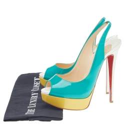 مملوكة مسبقًا Christian Louboutin Blue Patent Leather Lady Peep Toe Platform Slingback Sandals Size 37.5