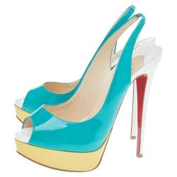 مملوكة مسبقًا Christian Louboutin Blue Patent Leather Lady Peep Toe Platform Slingback Sandals Size 37.5