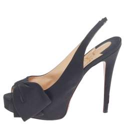 Pre Owned Christian Louboutin Black Satin Bow Platform Slingback Sandals Size 38.5