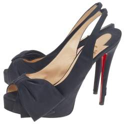 Pre Owned Christian Louboutin Black Satin Bow Platform Slingback Sandals Size 38.5