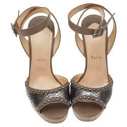 Christian Louboutin Taupe Snakeskin and Leather Zobra Platform Sandals Size 37.5