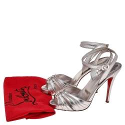 Pre Owned Christian Louboutin Metallic Silver Foil Leather Ankle Strap Sandals Size 38