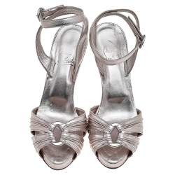 Pre Owned Christian Louboutin Metallic Silver Foil Leather Ankle Strap Sandals Size 38