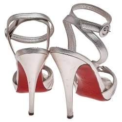 Pre Owned Christian Louboutin Metallic Silver Foil Leather Ankle Strap Sandals Size 38