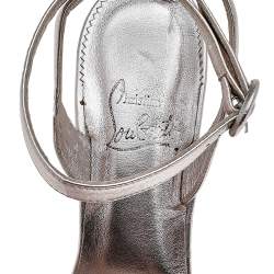 Pre Owned Christian Louboutin Metallic Silver Foil Leather Ankle Strap Sandals Size 38