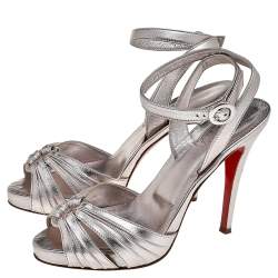 Pre Owned Christian Louboutin Metallic Silver Foil Leather Ankle Strap Sandals Size 38