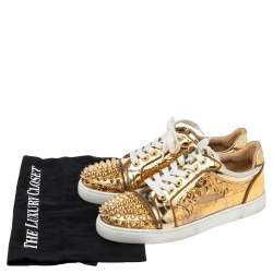 Pre Owned Christian Louboutin Gold PVC and Leather Spiked Orlato Low Top Sneakers 38.5