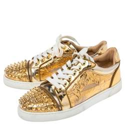 Pre Owned Christian Louboutin Gold PVC and Leather Spiked Orlato Low Top Sneakers 38.5