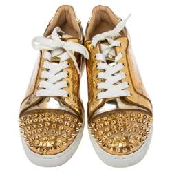 Pre Owned Christian Louboutin Gold PVC and Leather Spiked Orlato Low Top Sneakers 38.5