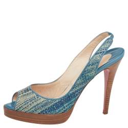 Pre Owned Christian Louboutin Blue Raffia and Leather Yoyo Slingback Pumps Size 38
