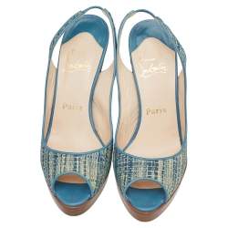 Pre Owned Christian Louboutin Blue Raffia and Leather Yoyo Slingback Pumps Size 38
