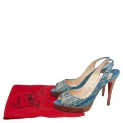 Pre Owned Christian Louboutin Blue Raffia and Leather Yoyo Slingback Pumps Size 38