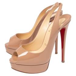 مملوكة مسبقًا Christian Louboutin Beige Patent Leather Lady Peep Toe Platform Slingback Sandals Size 37.5
