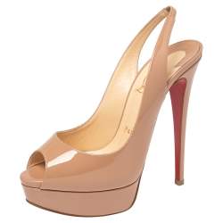 مملوكة مسبقًا Christian Louboutin Beige Patent Leather Lady Peep Toe Platform Slingback Sandals Size 37.5
