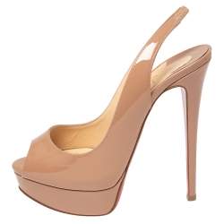 مملوكة مسبقًا Christian Louboutin Beige Patent Leather Lady Peep Toe Platform Slingback Sandals Size 37.5
