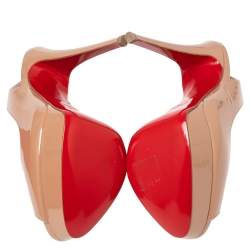 مملوكة مسبقًا Christian Louboutin Beige Patent Leather Lady Peep Toe Platform Slingback Sandals Size 37.5