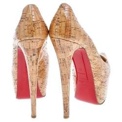 Christian Louboutin Beige Cork Highness Peep Toe Platform Pumps Size 37