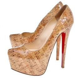 Christian Louboutin Beige Cork Highness Peep Toe Platform Pumps Size 37