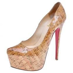 Christian Louboutin Beige Cork Highness Peep Toe Platform Pumps Size 37