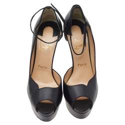 Pre Owned Christian Louboutin Black Leather Round Chick Alta Platform Ankle Strap Sandals Size 39