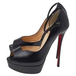 Pre Owned Christian Louboutin Black Leather Round Chick Alta Platform Ankle Strap Sandals Size 39