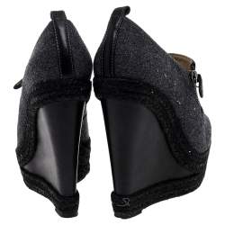 Pre Owned Christian Louboutin Grey/Black Fabric and Leather Deroba Wedge Espadrille Pumps Size 37