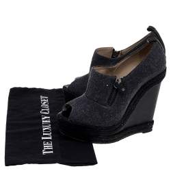 Pre Owned Christian Louboutin Grey/Black Fabric and Leather Deroba Wedge Espadrille Pumps Size 37
