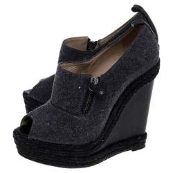 Pre Owned Christian Louboutin Grey/Black Fabric and Leather Deroba Wedge Espadrille Pumps Size 37