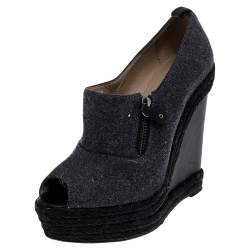 Pre Owned Christian Louboutin Grey/Black Fabric and Leather Deroba Wedge Espadrille Pumps Size 37
