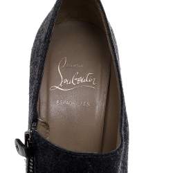 Pre Owned Christian Louboutin Grey/Black Fabric and Leather Deroba Wedge Espadrille Pumps Size 37