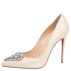 Pre Owned Christian Louboutin Cream Satin Diva Cora Pointed Toe Pumps Size 39.5