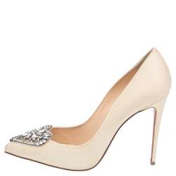 Pre Owned Christian Louboutin Cream Satin Diva Cora Pointed Toe Pumps Size 39.5