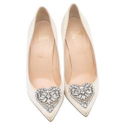 Pre Owned Christian Louboutin Cream Satin Diva Cora Pointed Toe Pumps Size 39.5