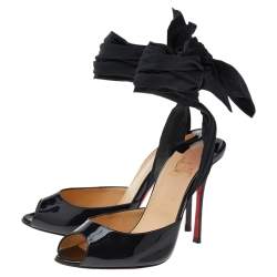 Pre Owned Christian Louboutin Black Patent Leather And Fabric De Chine Ankle Wrap Sandals Size 40.5 