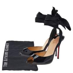 Pre Owned Christian Louboutin Black Patent Leather And Fabric De Chine Ankle Wrap Sandals Size 40.5 