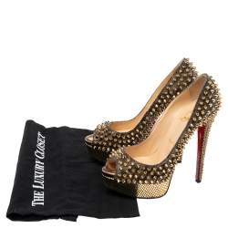 Christian Louboutin Gold Lurex Fabric Lady Peep Toe Spike Platform Pumps Size 36.5